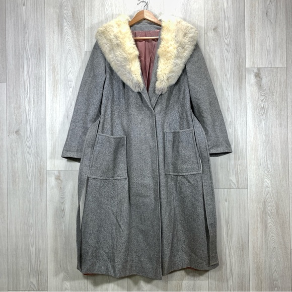 Vintage penny lane wool fur heather grey trench coat jacket women's size M/L - Picture 5 of 13